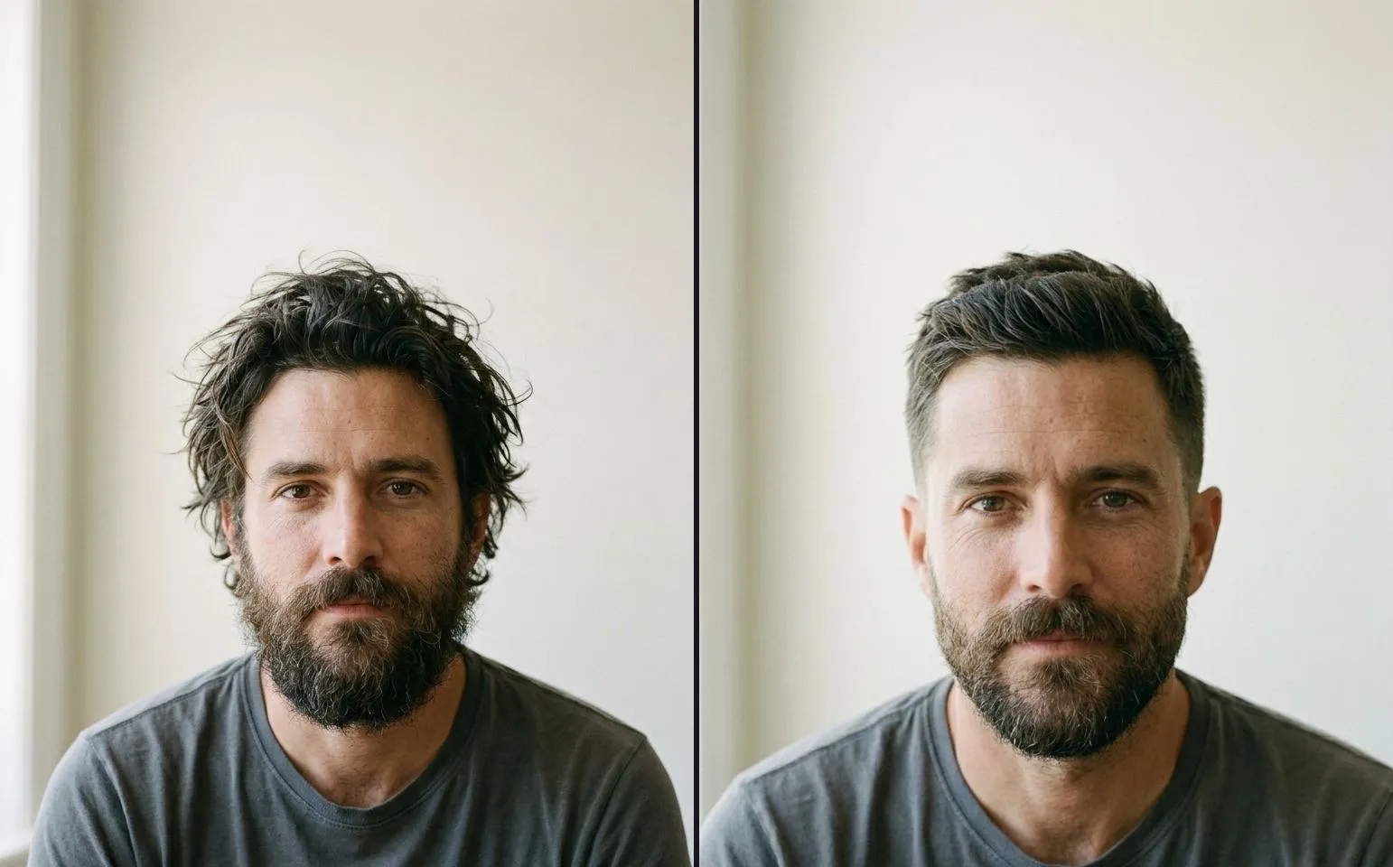 A before photograph beside an after: on the left, a man with long unkempt hair and an untrimmed beard against a plain wall; on the right, the same man after a cut and a beard trim.
