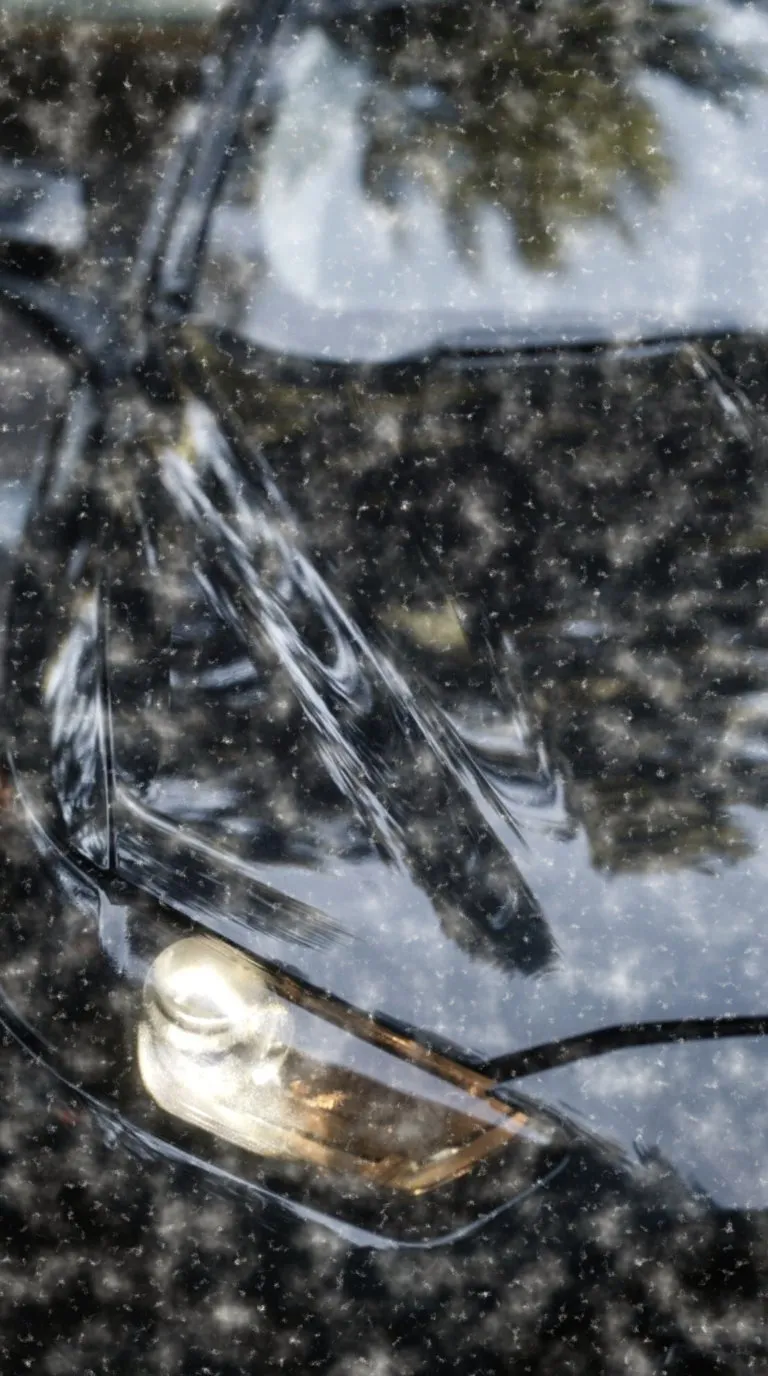 The front quarter of a black car under a dust film, the reflections gone flat