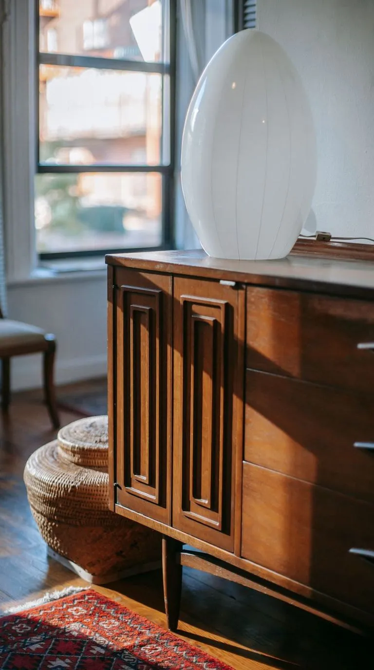 The same dresser in the same frame, restored, the warm grain back
