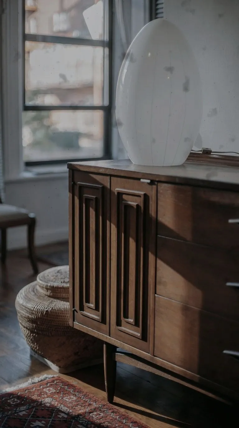 A wooden dresser with the colour drained out of it and light scuffing across the grain