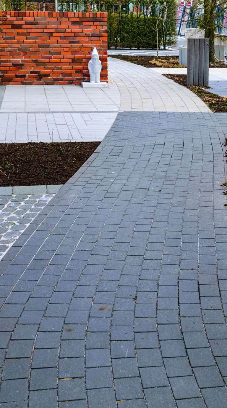 The same path in the same frame, clean, the brick and stone colour back