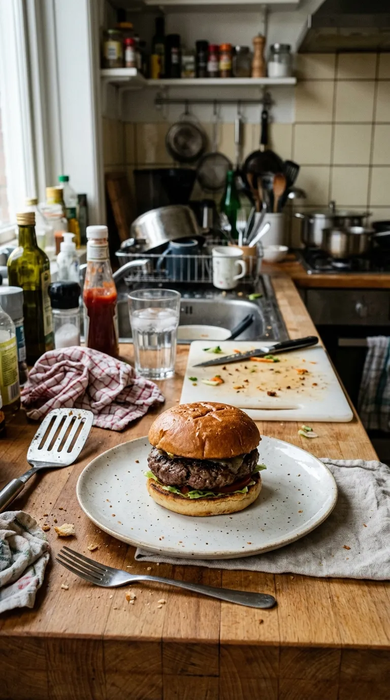 A burger on a plate on a cluttered kitchen counter mid-service