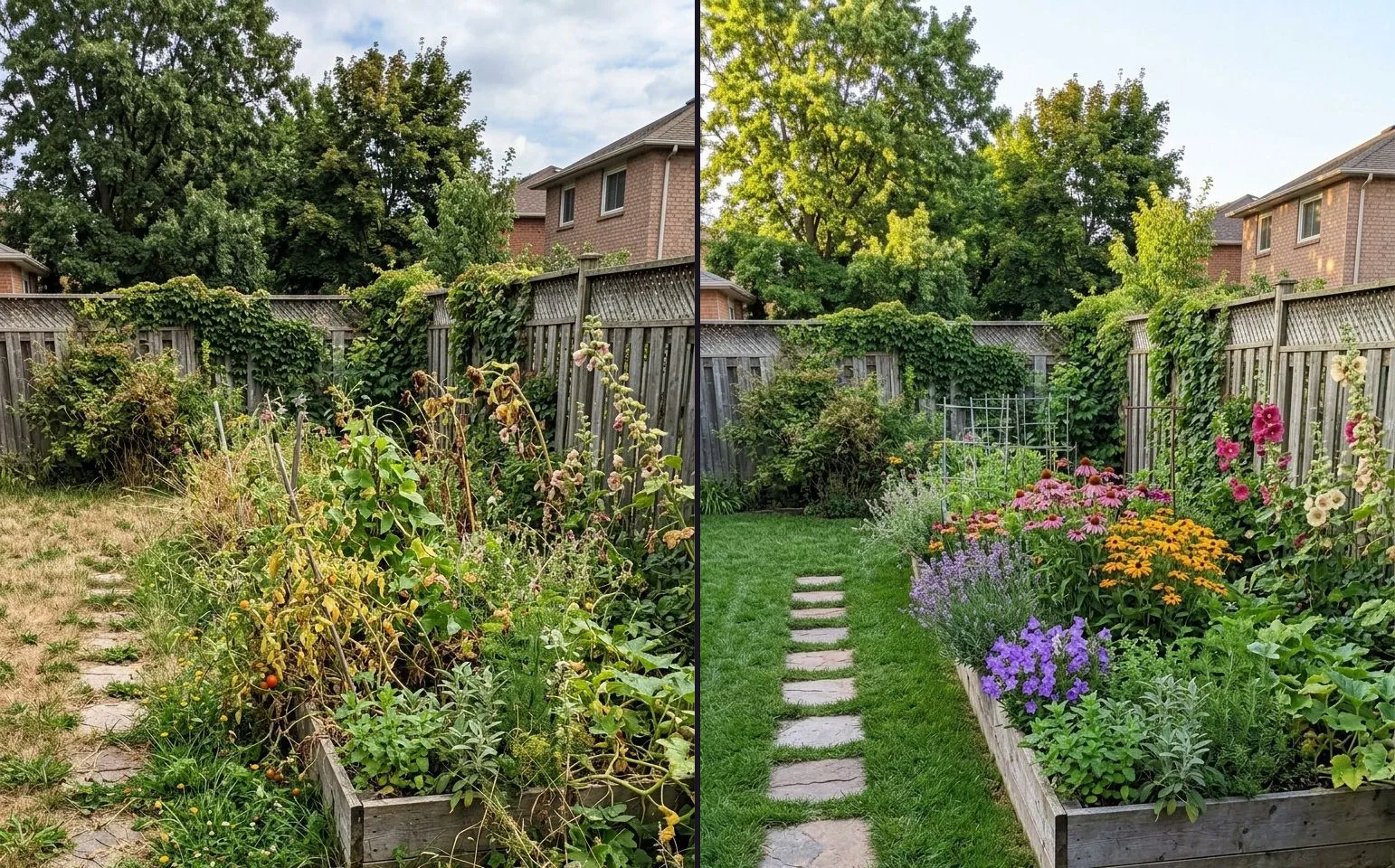 A before photograph beside an after: on the left, a back garden overgrown with weeds and dry grass; on the right, the same garden from the same spot, cleared, edged and planted.