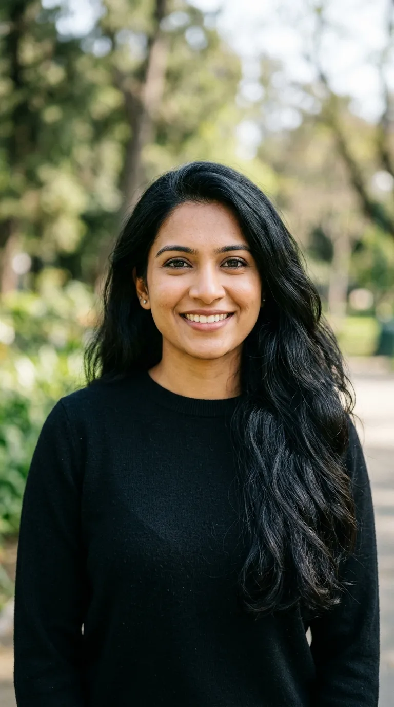 A woman with her natural dark hair, photographed outdoors against greenery