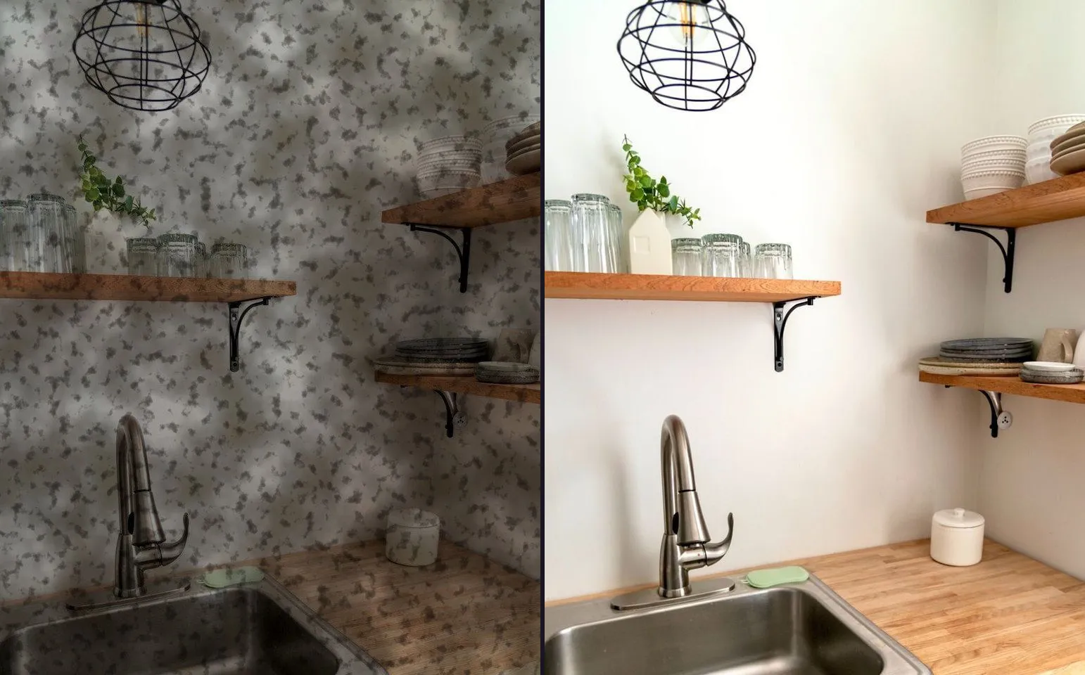 A before photograph beside an after: on the left, a kitchen sink and counter under a greasy film; on the right, the same sink and counter clean, the steel and the wood true.