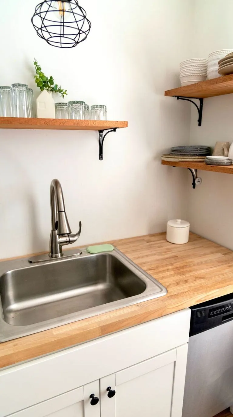 The same sink and counter in the same frame, clean, the steel and wood true
