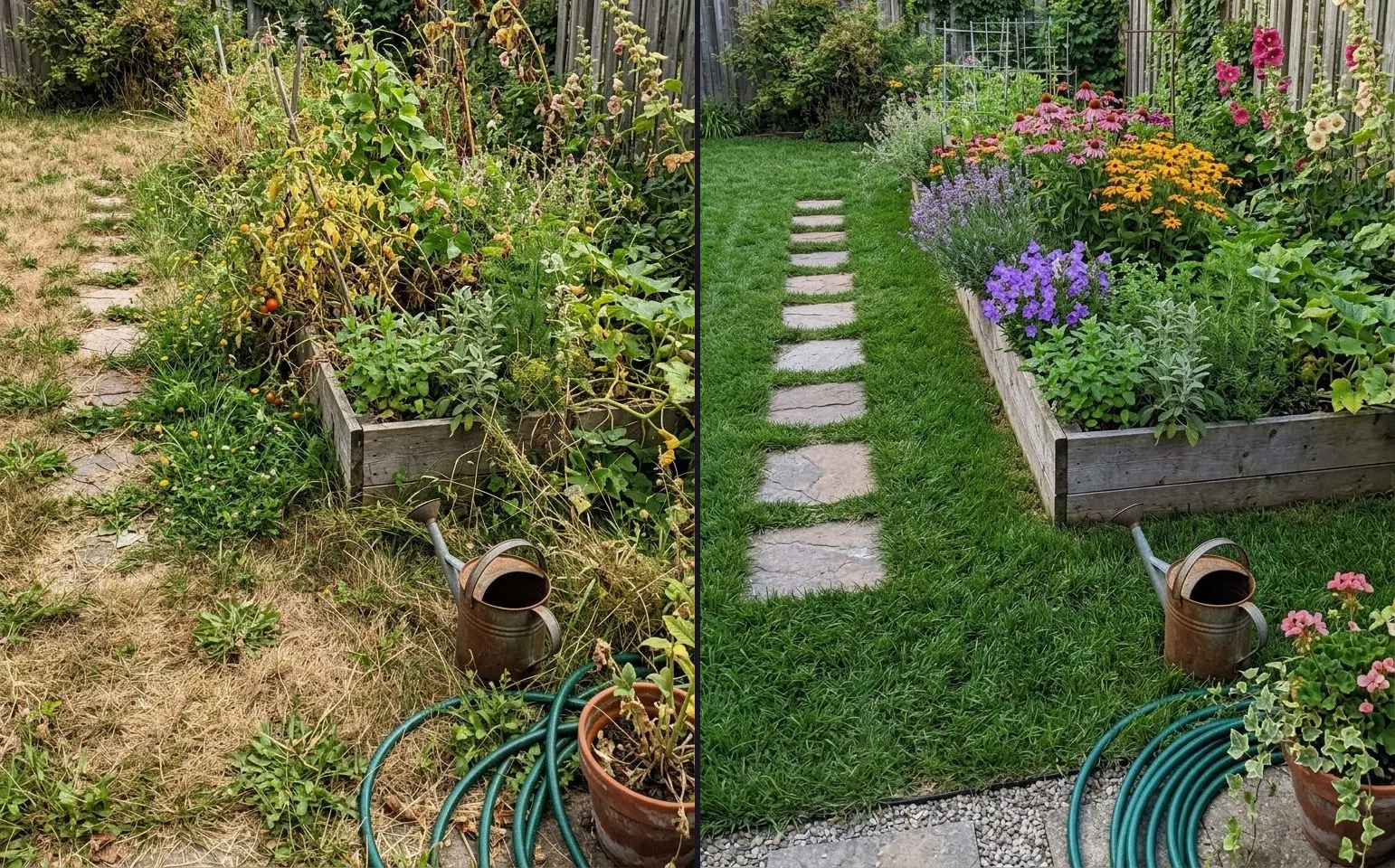 A before photograph beside an after: on the left, an overgrown back garden of weeds and dry grass; on the right, the same ground cleared, edged and planted.