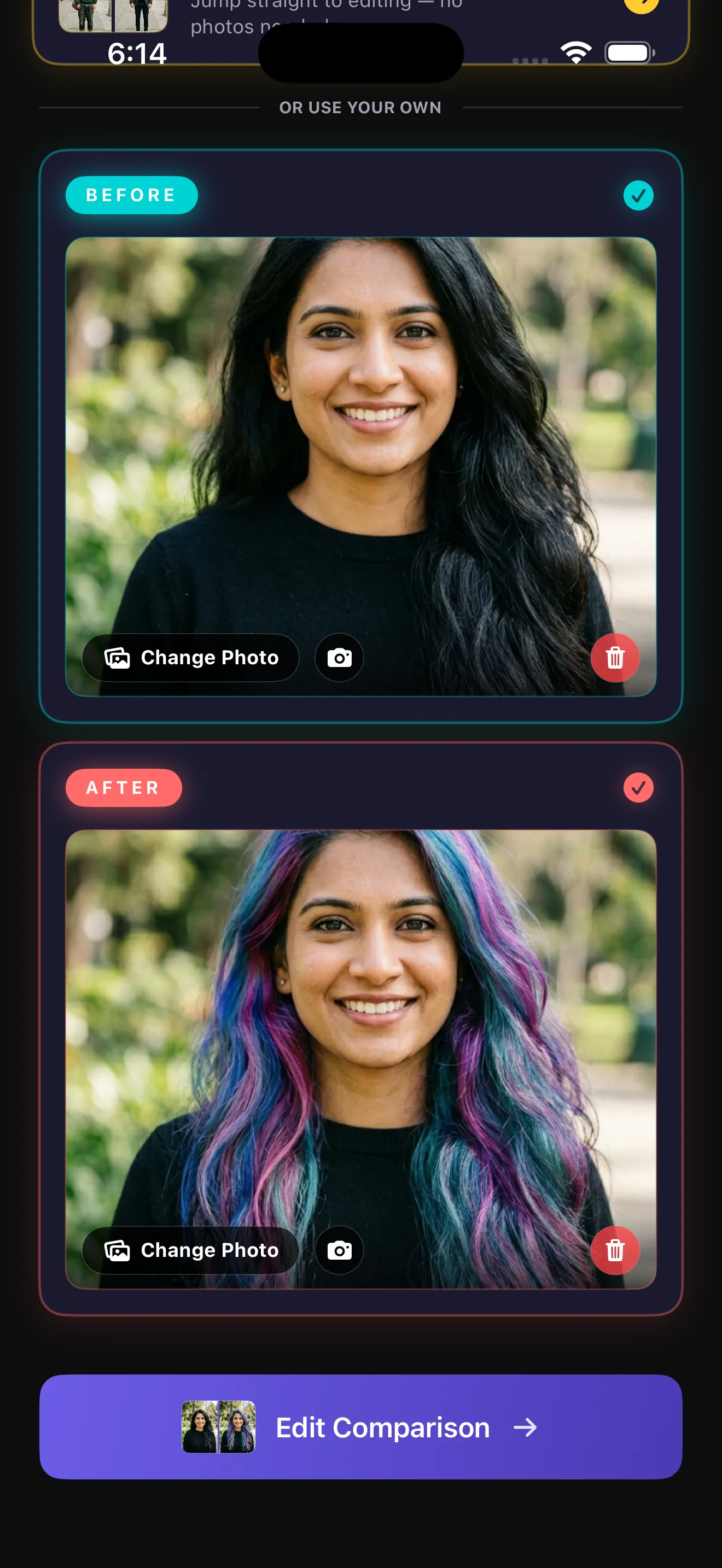 The app's photo selection screen with the chosen before photograph above the chosen after photograph