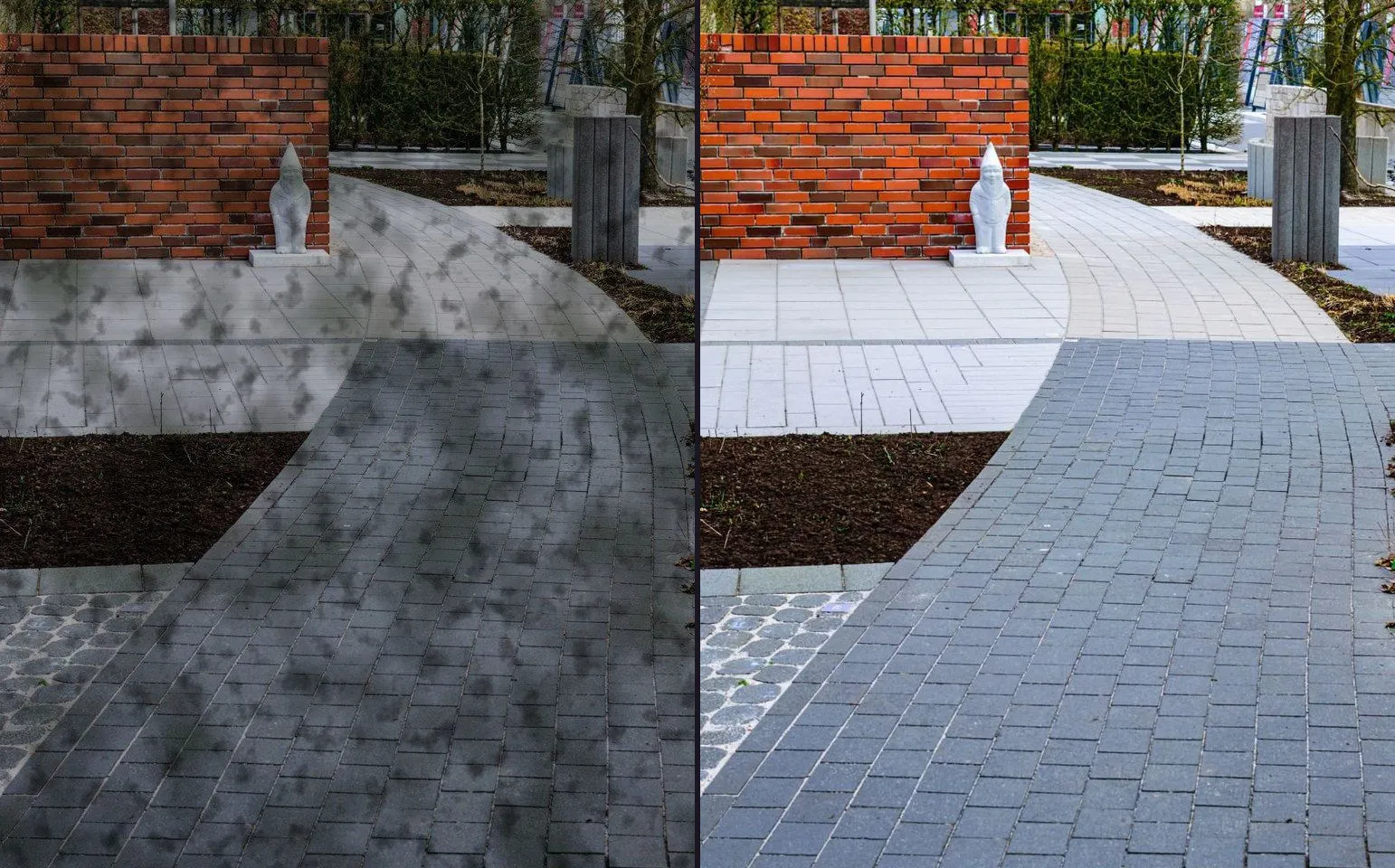 A before photograph beside an after: on the left, a brick and cobble garden path greened with algae; on the right, the same path in the same frame, washed clean.