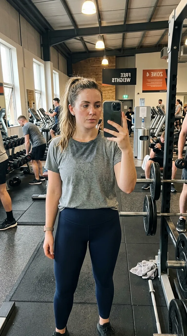 A gym mirror selfie taken in a loose t-shirt at the start of a programme