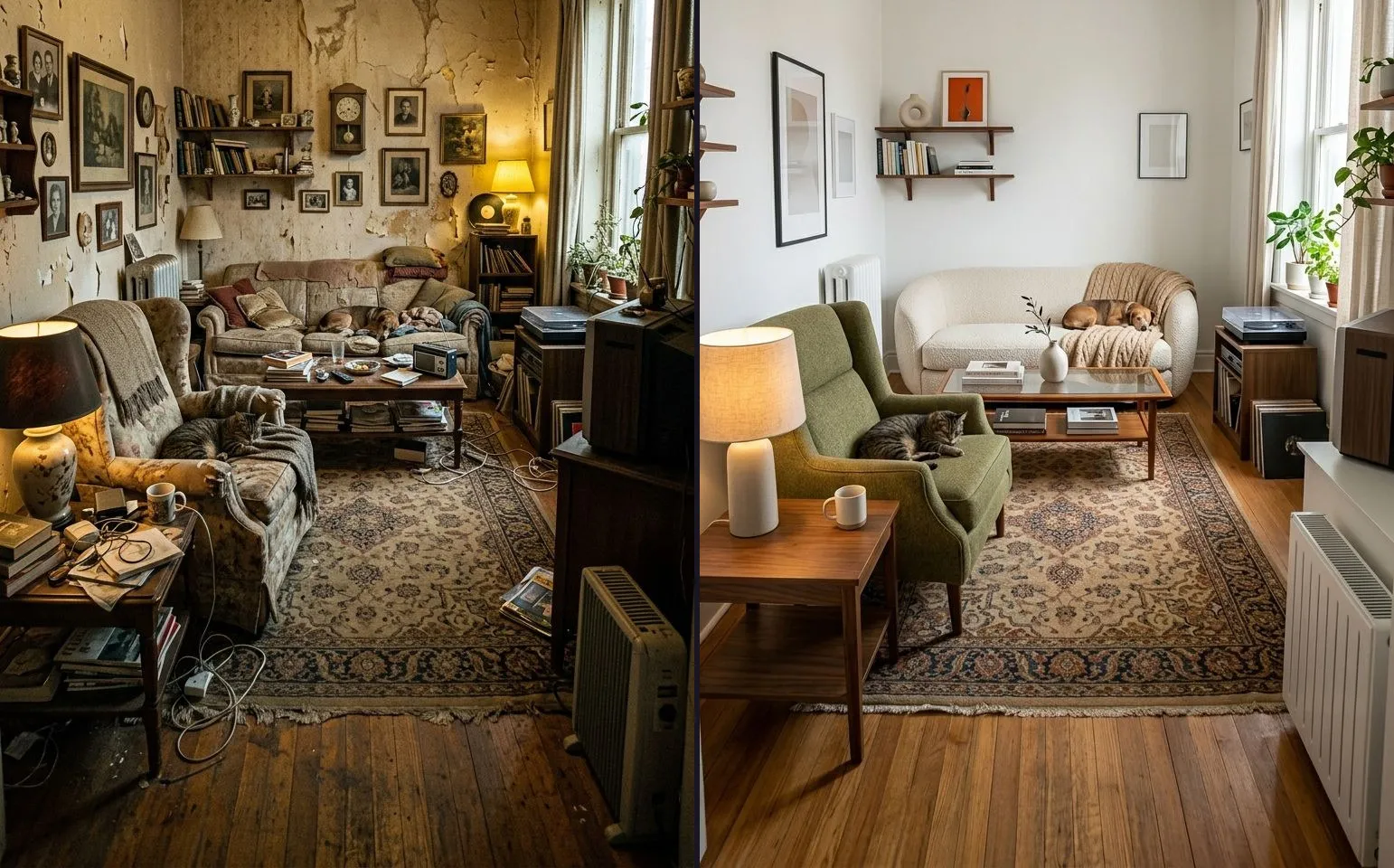 A before photograph beside an after: on the left, a living room with peeling walls, worn furniture and clutter; on the right, the same room repainted and furnished from the same corner.