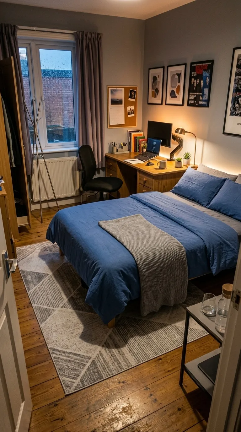 The same bedroom from the same doorway, tidied, made and organised