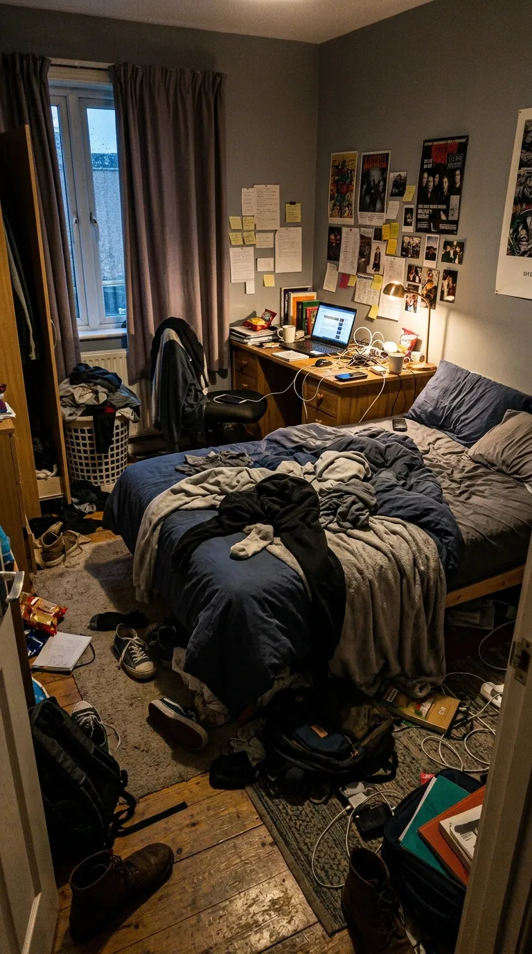 A bedroom with clothes on the floor, a cluttered desk and an unmade bed
