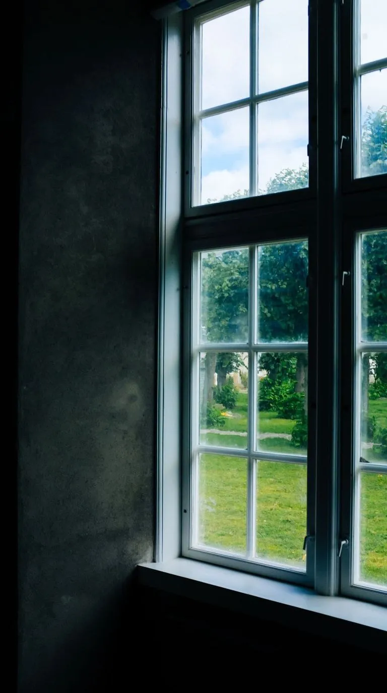 The same pane in the same frame, clear, the lawn and trees sharp through it