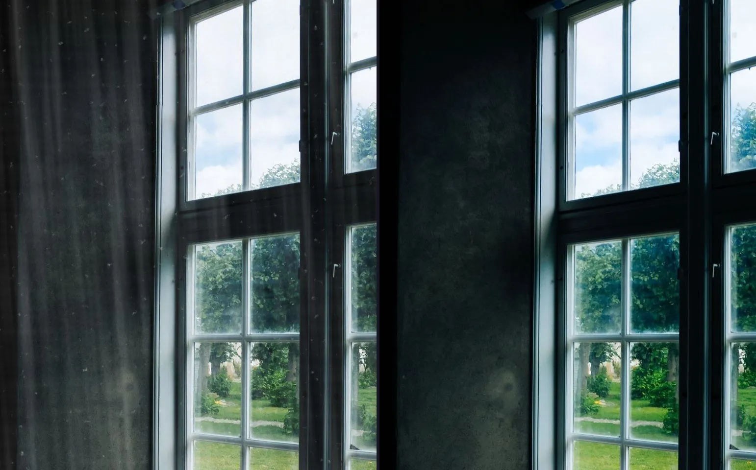 A before photograph beside an after: on the left, a window pane hazed with smears and dust; on the right, the same pane clear, the lawn and trees sharp through it.